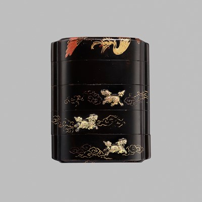 Lot 241 - SHUNSHO: A VERY RARE GILT- INLAID LACQUER FOUR-CASE INRO WITH SHISHI AND HO-O BIRD