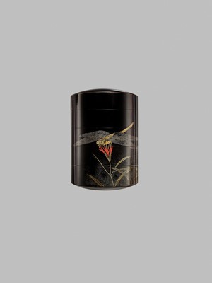 Lot 31 - MOEI: A SUPERB FOUR-CASE TOGIDASHI LACQUER INRO DEPICTING A DRAGONFLY