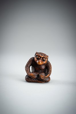 Lot 418 - MASAAKI: AN AMUSING BOXWOOD SHUNGA NETSUKE OF A KAPPA, MEIJI