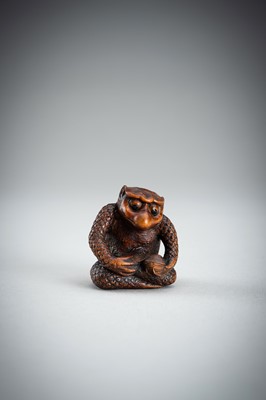 Lot 418 - MASAAKI: AN AMUSING BOXWOOD SHUNGA NETSUKE OF A KAPPA, MEIJI