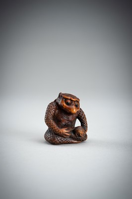 Lot 418 - MASAAKI: AN AMUSING BOXWOOD SHUNGA NETSUKE OF A KAPPA, MEIJI