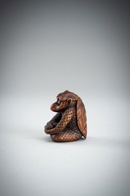 Lot 418 - MASAAKI: AN AMUSING BOXWOOD SHUNGA NETSUKE OF A KAPPA, MEIJI