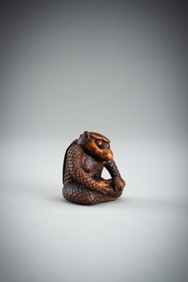 Lot 418 - MASAAKI: AN AMUSING BOXWOOD SHUNGA NETSUKE OF A KAPPA, MEIJI