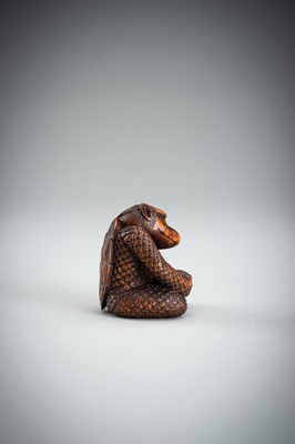 Lot 418 - MASAAKI: AN AMUSING BOXWOOD SHUNGA NETSUKE OF A KAPPA, MEIJI