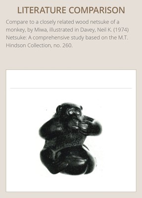 Lot 344 - A WOOD NETSUKE OF A MONKEY EATING A PEACH, ATTRIBUTED TO MIWA