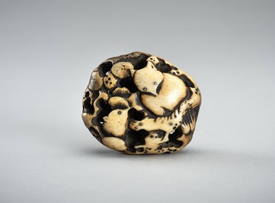 Lot 753 - A FINE STAG ANTLER NETSUKE OF TWO OWLS PERCHED ON A PINE TREE, EDO PERIOD