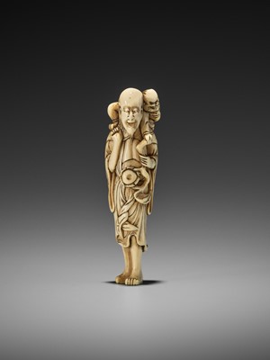 Lot 322 - A RARE IVORY NETSUKE OF A SENNIN WITH ONI