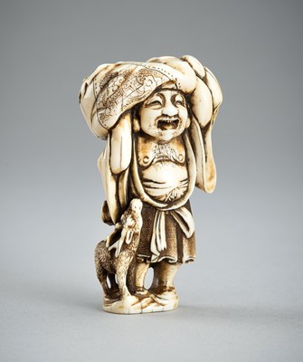 Lot 724 - MINZAN: AN IVORY NETSUKE OF HOTEI, 19th CENTURY