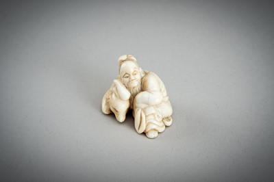 Lot 876 - AN IVORY NETSUKE OF A SAGE RECLINING ON A GOAT, EDO PERIOD