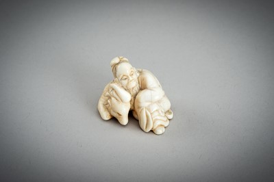 Lot 876 - AN IVORY NETSUKE OF A SAGE RECLINING ON A GOAT, EDO PERIOD