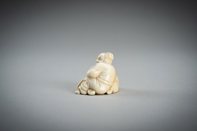 Lot 876 - AN IVORY NETSUKE OF A SAGE RECLINING ON A GOAT, EDO PERIOD