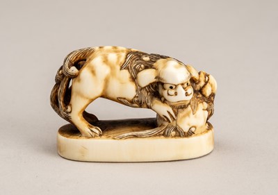 Lot 692 - A SIGNED IVORY NETSUKE OF A SHISHI WITH CUB, EDO PERIOD