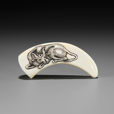 Lot 650 - A BOAR TUSK NETSUKE DEPICTING A RECUMBENT OX