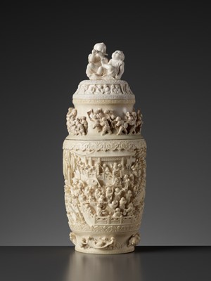 Lot 102 - A LARGE IVORY ‘HUNDRED BOYS’ VASE AND COVER, LATE QING TO REPUBLIC