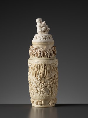 Lot 102 - A LARGE IVORY ‘HUNDRED BOYS’ VASE AND COVER, LATE QING TO REPUBLIC