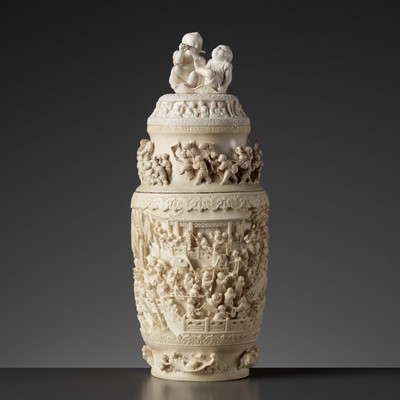 Lot 102 - A LARGE IVORY ‘HUNDRED BOYS’ VASE AND COVER, LATE QING TO REPUBLIC