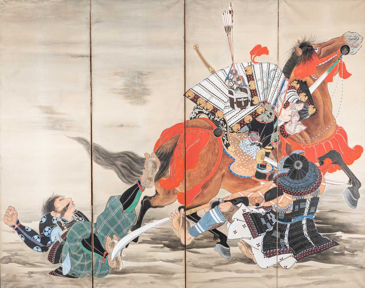 Lot 266 - A FOUR-PANEL BYOBU SCREEN DEPICTING SAMURAI, MEIJI