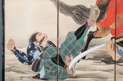 Lot 266 - A FOUR-PANEL BYOBU SCREEN DEPICTING SAMURAI, MEIJI