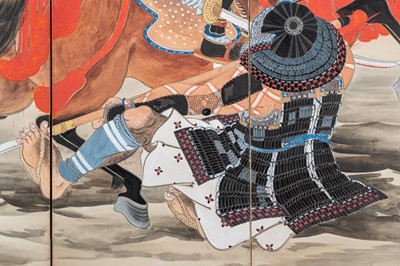 Lot 266 - A FOUR-PANEL BYOBU SCREEN DEPICTING SAMURAI, MEIJI