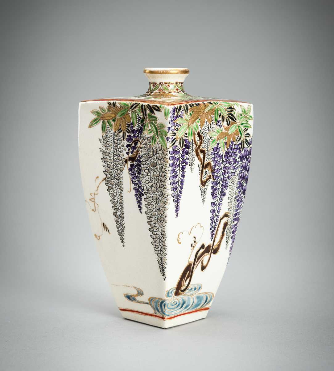 Lot 130 - GYOZAN: A SATSUMA CERAMIC VASE WITH WISTERIA, MEIJI