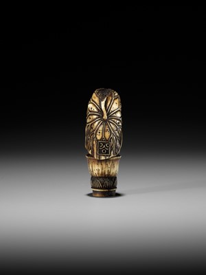 Lot 223 - KOKU: A STAG ANTLER KNIFE HANDLE IN THE FORM OF A MONKEY WITH A LOTUS CLOAK