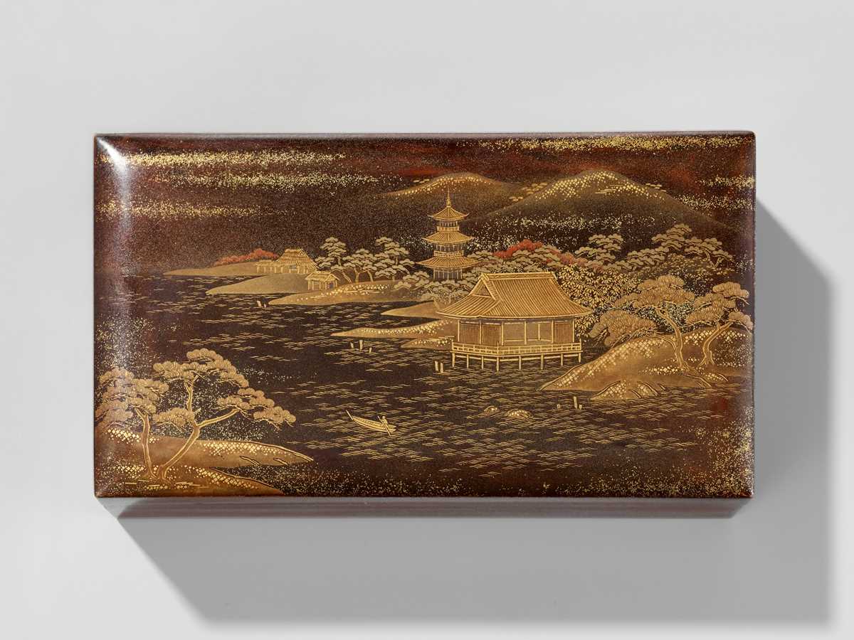 Lot 11 - ZOHIKO: A LACQUER KOBAKO (SMALL BOX) AND COVER DEPICTING A SEASHORE LANDSCAPE WITH PAGODA