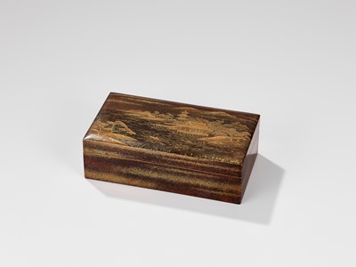 Lot 11 - ZOHIKO: A LACQUER KOBAKO (SMALL BOX) AND COVER DEPICTING A SEASHORE LANDSCAPE WITH PAGODA
