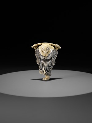 Lot 357 - AN IVORY NETSUKE OF A FOX PRIEST (HAKUZOSU) WITH BAMBOO CANE