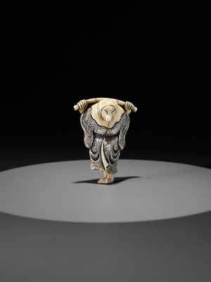 Lot 357 - AN IVORY NETSUKE OF A FOX PRIEST (HAKUZOSU) WITH BAMBOO CANE