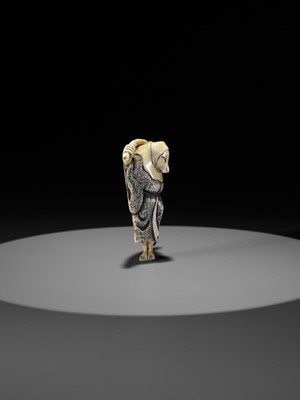 Lot 357 - AN IVORY NETSUKE OF A FOX PRIEST (HAKUZOSU) WITH BAMBOO CANE