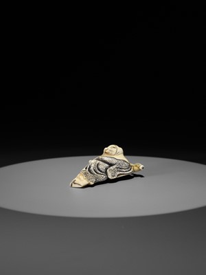 Lot 357 - AN IVORY NETSUKE OF A FOX PRIEST (HAKUZOSU) WITH BAMBOO CANE