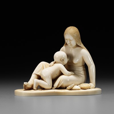 Lot 260 - SHIZUO: A FINE IVORY OKIMONO OF AN AMA (DIVING GIRL) NURSING HER CHILD