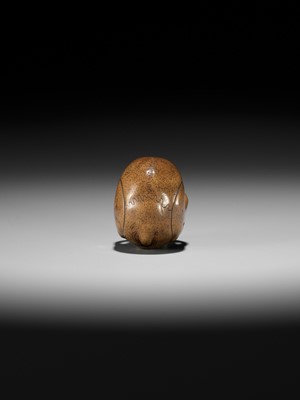 Lot 110 - TADASHIGE: A SUPERB WOOD NETSUKE OF A SKULL WITH INLAID STAG ANTLER TEETH
