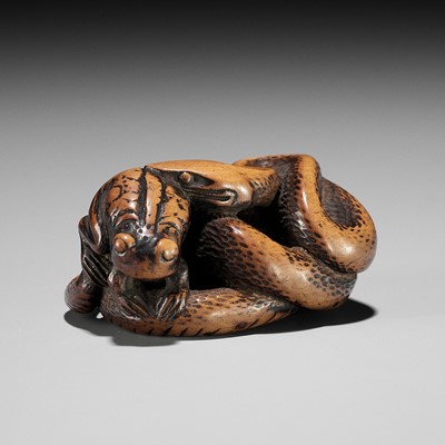 Lot 357 - AN EARLY WOOD NETSUKE OF A SNAKE AND FROG
