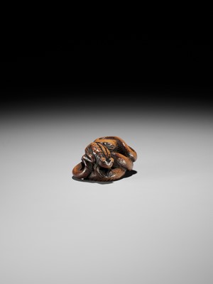 AN EARLY WOOD NETSUKE OF A SNAKE AND FROG