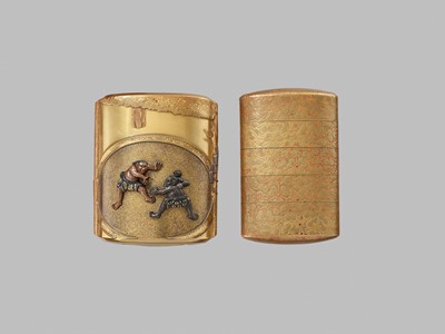 Lot 332 - A RARE METAL-INLAID GOLD-LACQUER FOUR CASE SAYA (SHEATH) INRO DEPICTING SUMO WRESTLERS