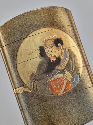 Lot 498 - JOKASAI: A LACQUER FOUR-CASE INRO DEPICTING SHOKI AND ONI