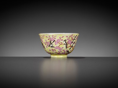 Lot 275 - A YELLOW GROUND FAMILLE ROSE 'MAGPIE AND PRUNUS' CUP, XIANFENG SIX CHARACTER MARK AND POSSIBLY OF THE PERIOD