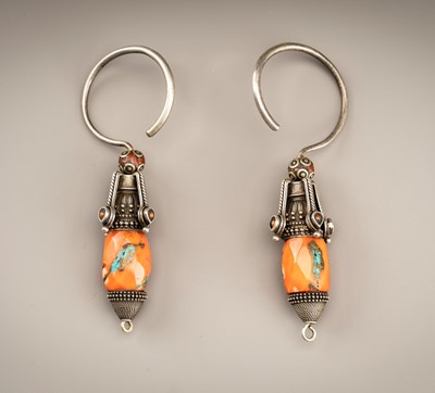Lot 217 - A PAIR OF CORAL AND TURQUOISE SET METAL EARRINGS, c. 1880s