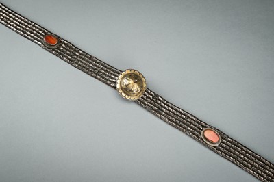 Lot 786 - AN OTTOMAN LEATHER BELT SET WITH CARNELIANS AND SILVER