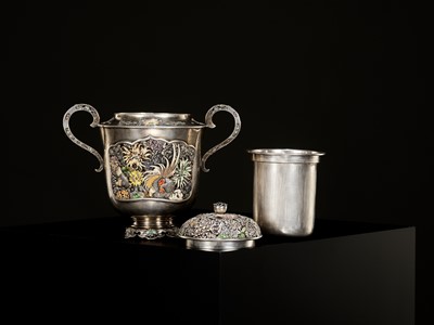 Lot 161 - A MASTERFUL SILVER AND CLOISONNÉ ENAMEL KORO (INCENSE BURNER AND COVER), ATTRIBUTED TO HIRATSUKA MOHEI