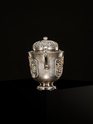 Lot 161 - A MASTERFUL SILVER AND CLOISONNÉ ENAMEL KORO (INCENSE BURNER AND COVER), ATTRIBUTED TO HIRATSUKA MOHEI