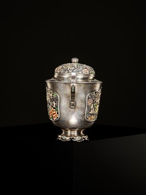 Lot 161 - A MASTERFUL SILVER AND CLOISONNÉ ENAMEL KORO (INCENSE BURNER AND COVER), ATTRIBUTED TO HIRATSUKA MOHEI