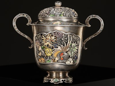 Lot 161 - A MASTERFUL SILVER AND CLOISONNÉ ENAMEL KORO (INCENSE BURNER AND COVER), ATTRIBUTED TO HIRATSUKA MOHEI