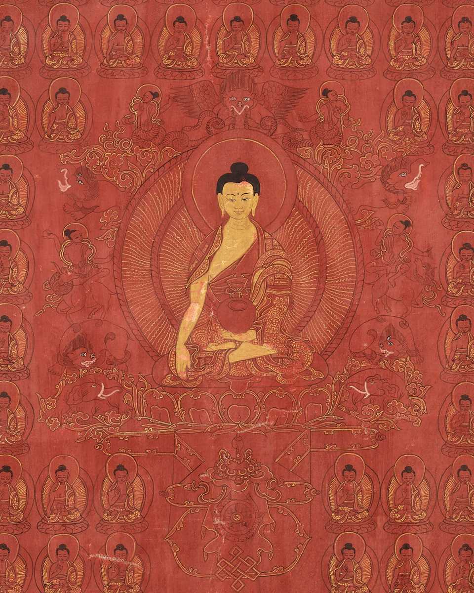 Lot 30 - A RED-GROUND THANGKA OF BHAISAJYAGURU, THE MEDICINE BUDDHA, TIBET, 17TH – 18TH CENTURY
