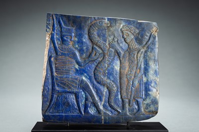 Lot 759 - A LAPIS LAZULI FRIEZE OF A DIGNITARY WITH SNAKE