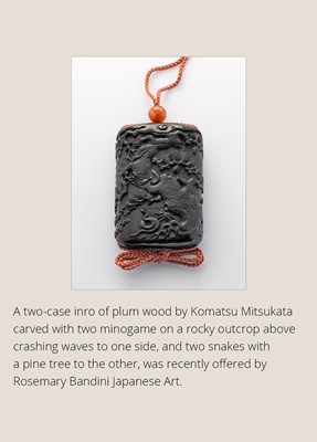Lot 56 - KOMATSU MITSUKATA: A RARE TWO-CASE EBONY WOOD INRO DEPICTING GAMA AND TEKKAI SENNIN