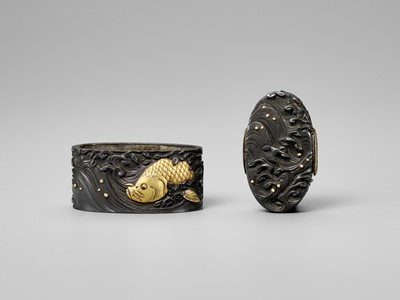 Lot 469 - OMORI TERUHIDE: A FINE OMORI SCHOOL SHIBUICHI AND GOLD FUCHI AND KASHIRA WITH A CARP