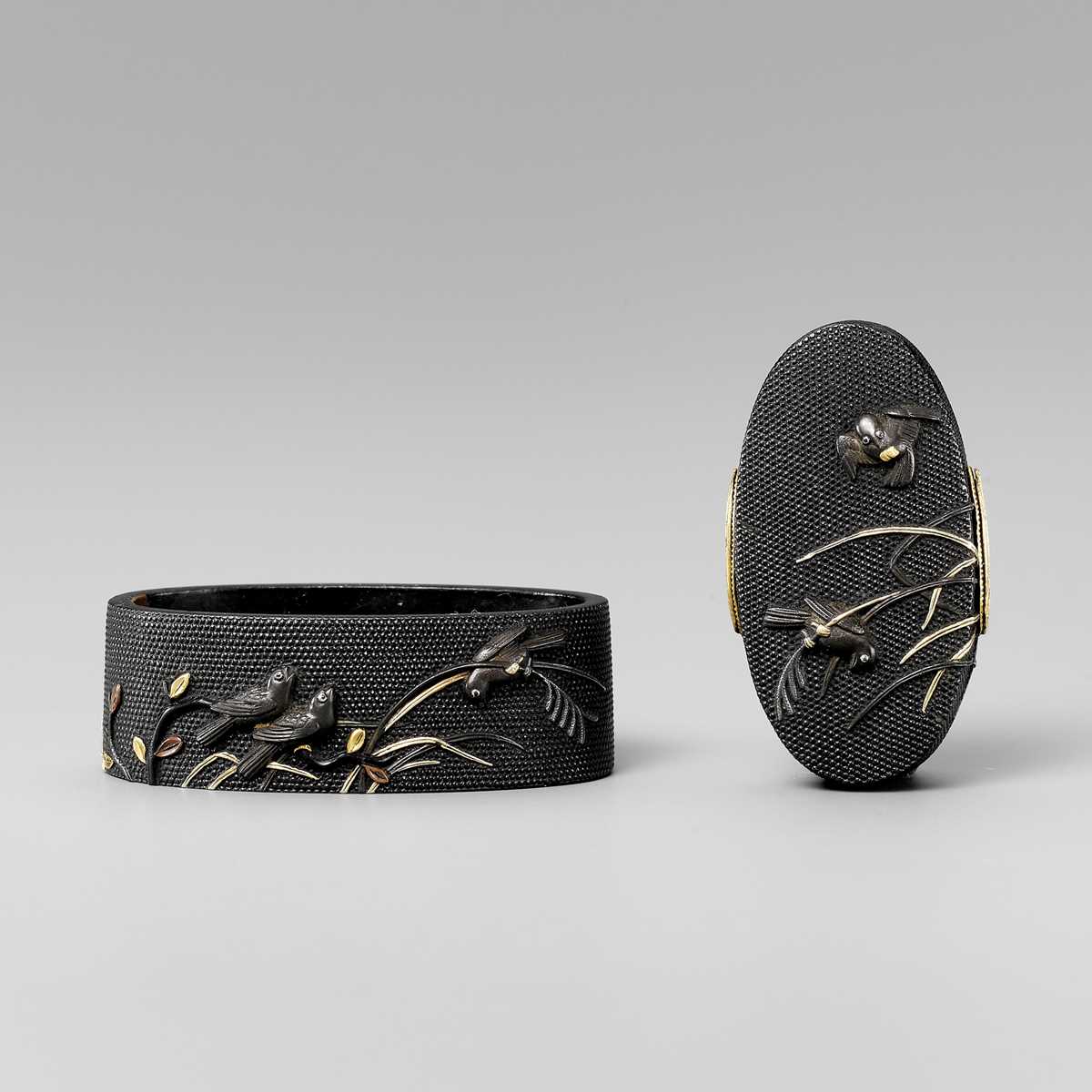 Lot 315 - IWAMOTO KONKAN: A FINE IWAMOTO SCHOOL SHAKUDO FUCHI AND KASHIRA DEPICTING DOVE IN SUSUKI