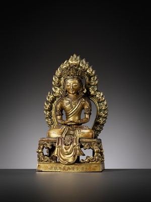Lot 664 - A GILT BRONZE FIGURE OF AMITAYUS, QIANLONG NINE-CHARACTER MARK AND OF THE PERIOD, DATED 1770